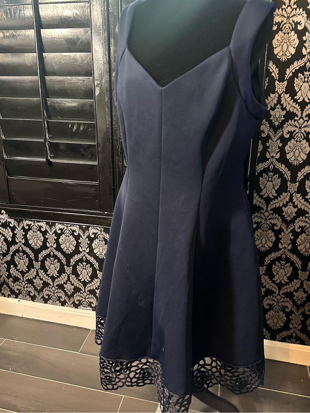 Donna Ricco Navy Fit-and-Flare Dress with Laser-Cut Hem